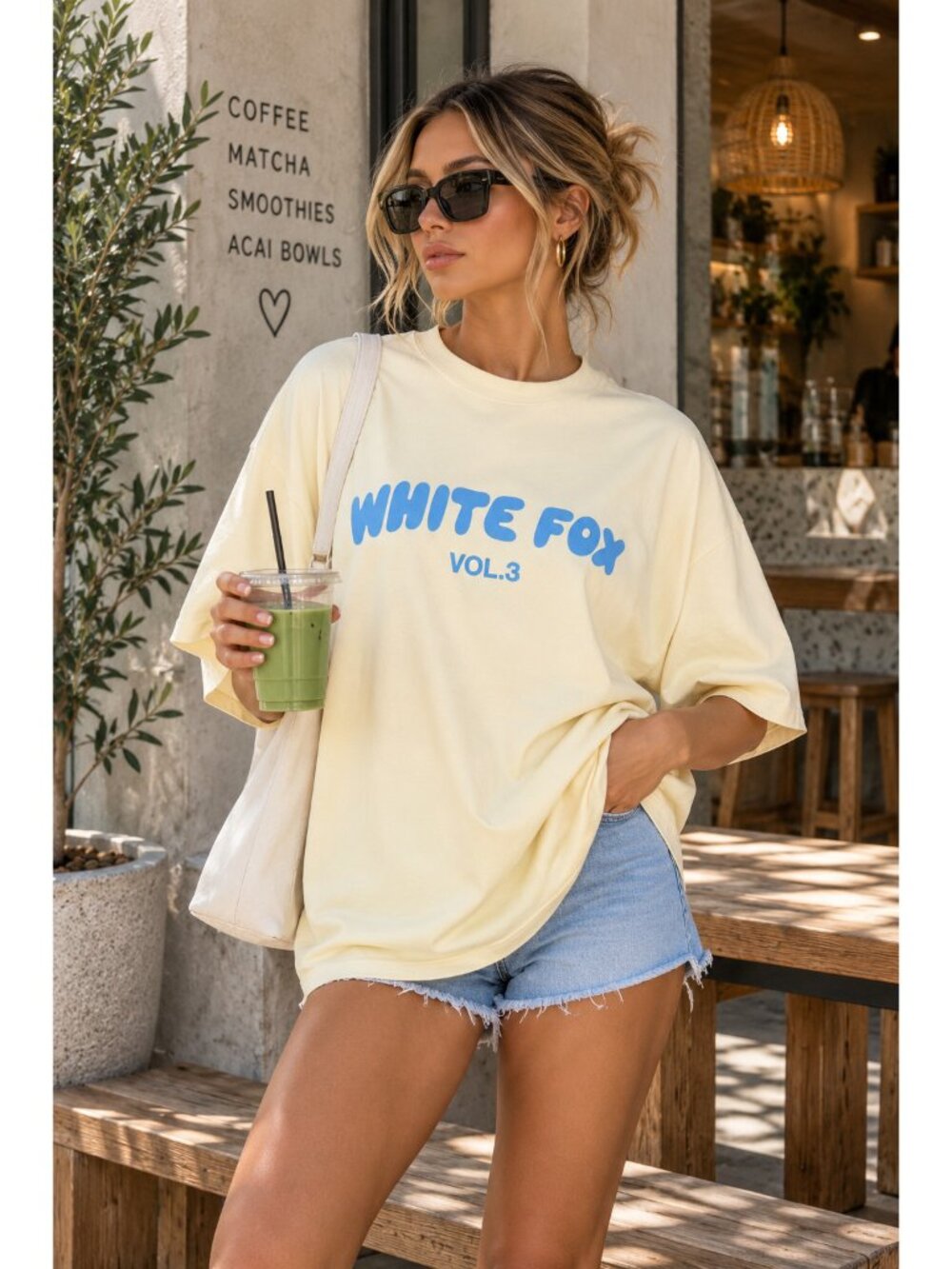 White Fox Oversized Tee Shirt Buttercream Blue Logo Cotton Casual Women S/M NEW